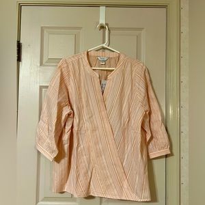 CJ Banks Boho Faux Wrap Top NWT Peach and White Stripes Snap Font 16/18W Cottage